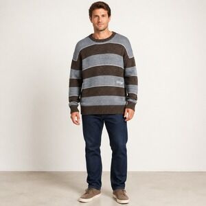 Billabong Men's XL Brown Gray Striped Wool Blend Crewneck Pullover Sweater